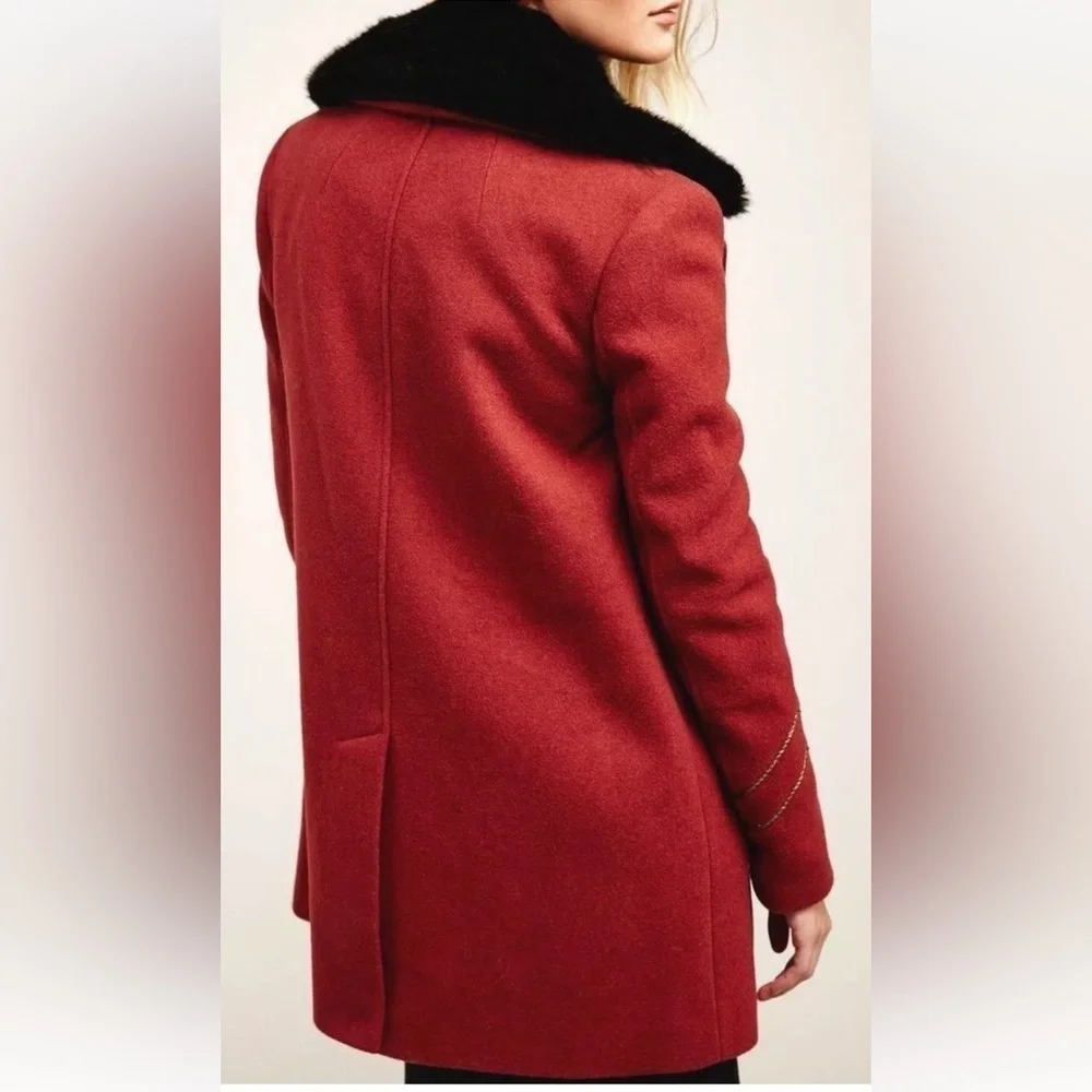 FREE PEOPLE SEDGWICK Red Wool Military Peacoat Double Breasted Fur Collar Sz.XS